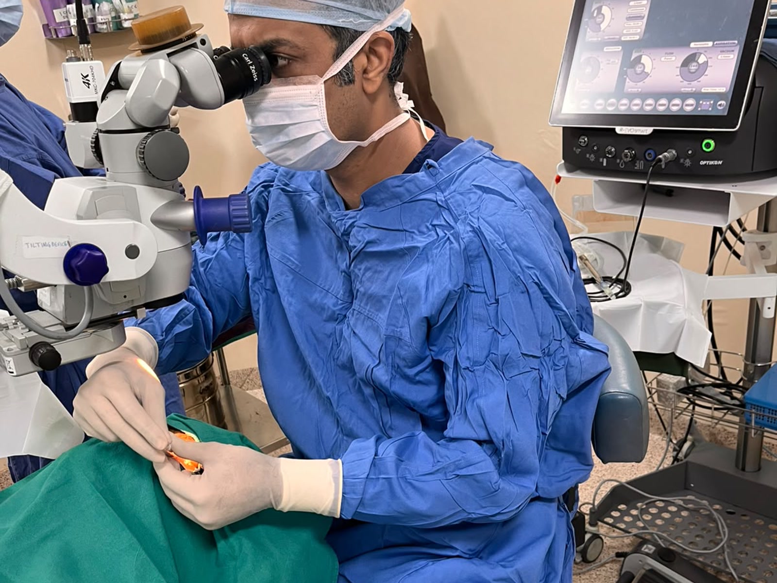 Cataract surgery being performed with an operating microscope at Rana Eye Centre