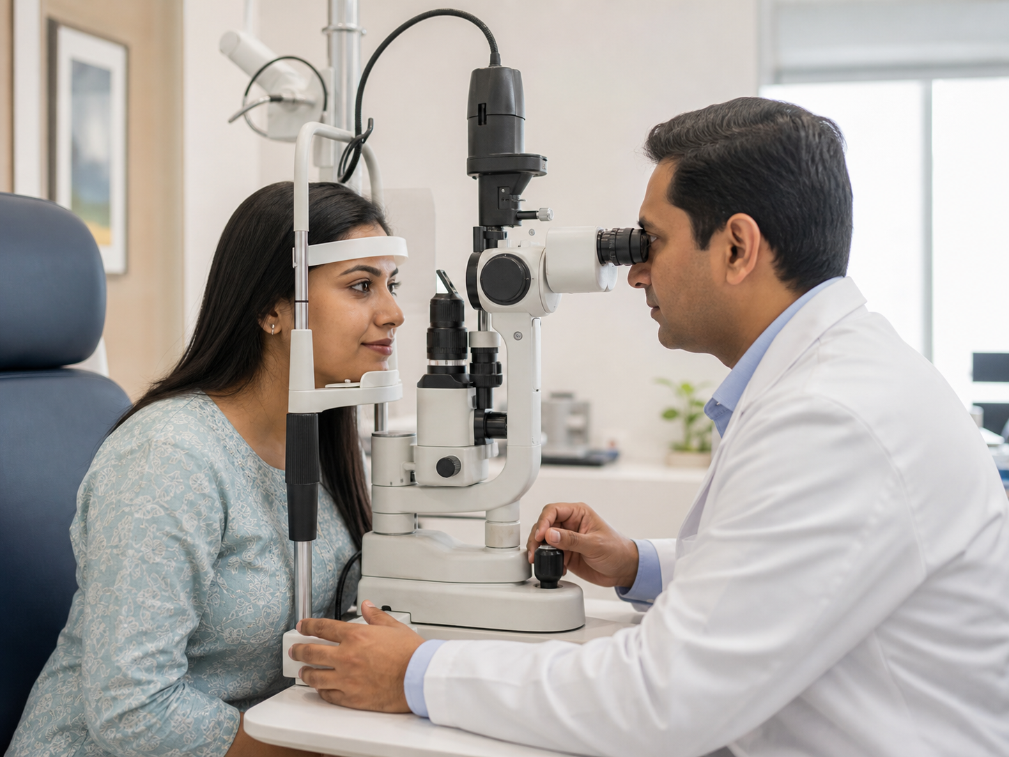 An ophthalmologist performing a comprehensive slit-lamp eye examination for a patient