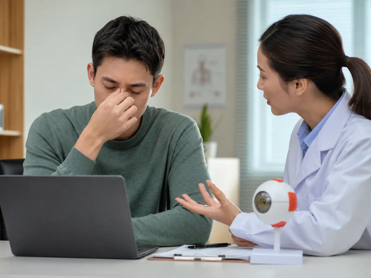 A clinician discussing digital eye strain with a patient who uses a laptop