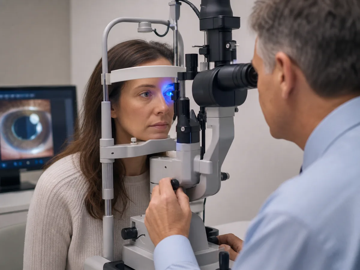 A specialty contact lens being assessed with a slit-lamp examination