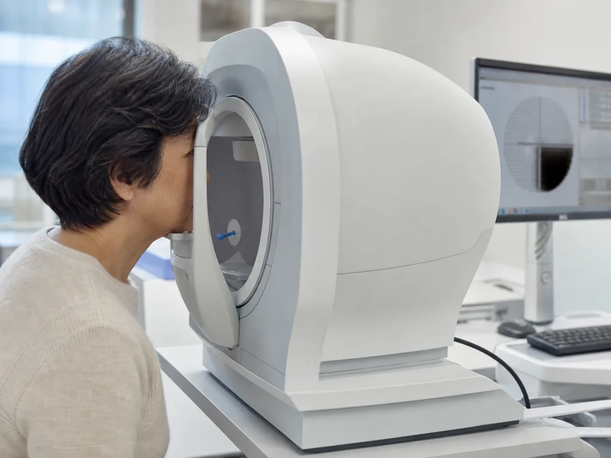 A patient completing a visual field test used in glaucoma assessment
