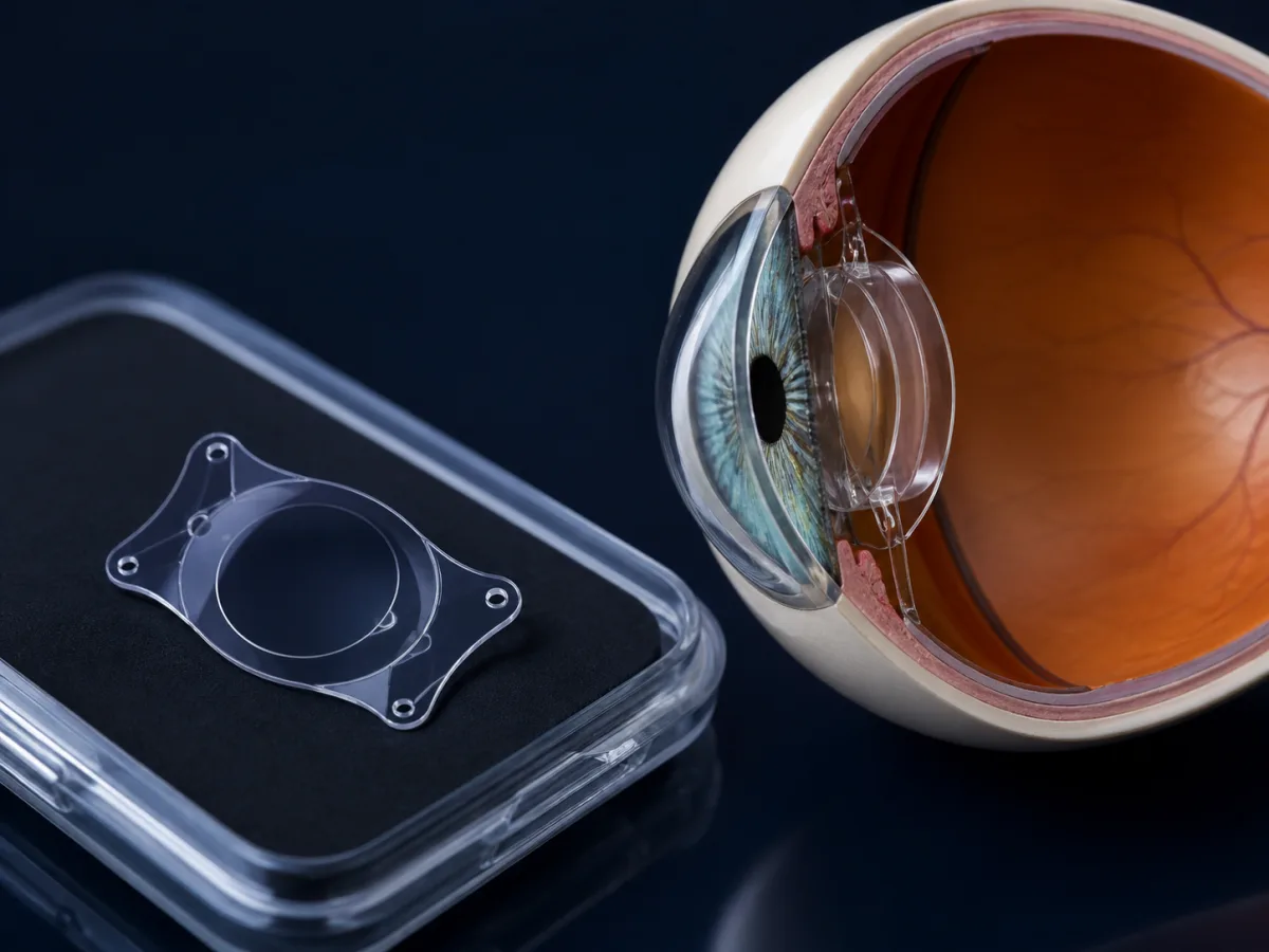 An implantable contact lens beside an eye model showing its position behind the iris