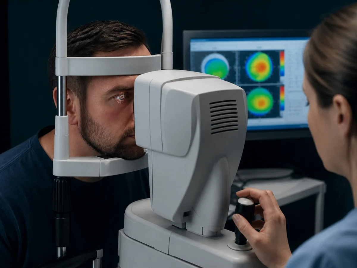 Corneal topography being performed to assess the shape of the cornea