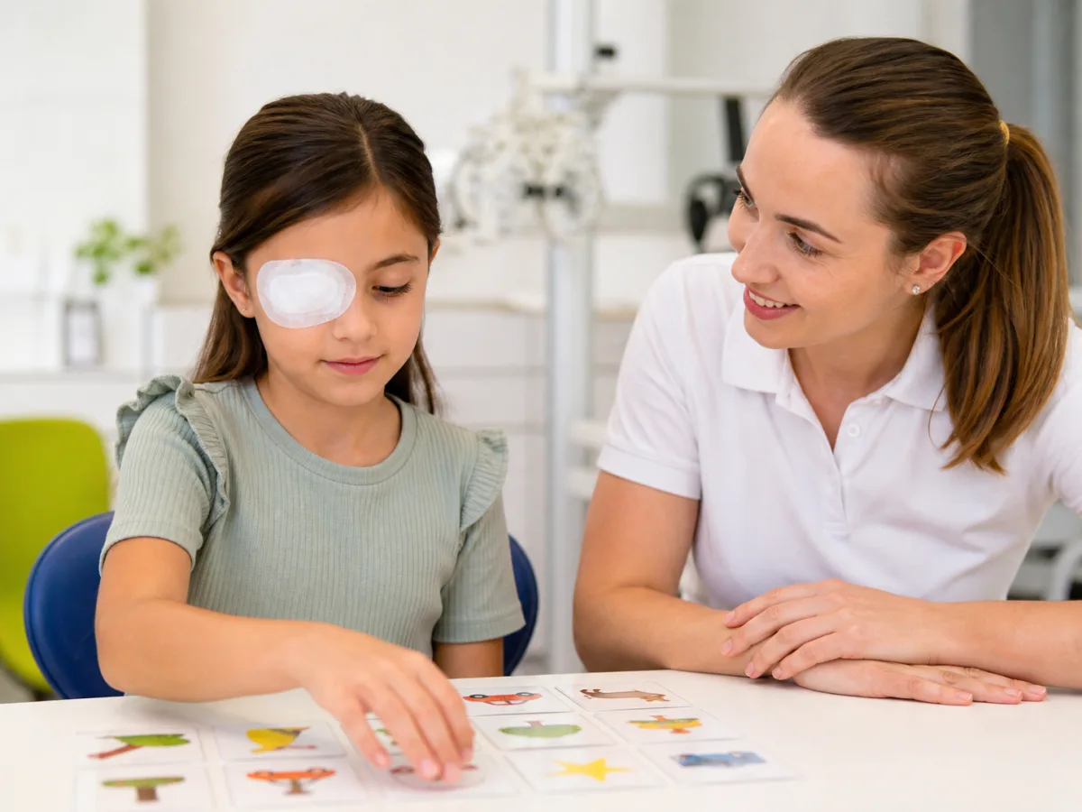 A child wearing an eye patch while completing a focused visual activity
