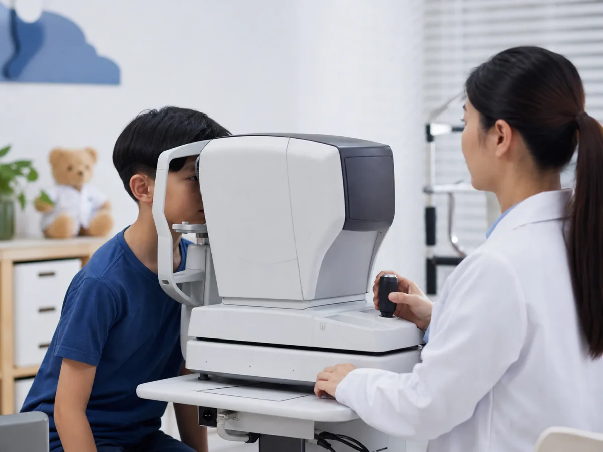 A child having an eye-length measurement for myopia monitoring