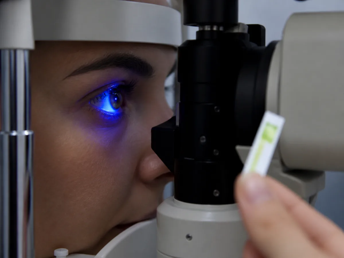 The tear film being examined under blue light during a dry-eye assessment