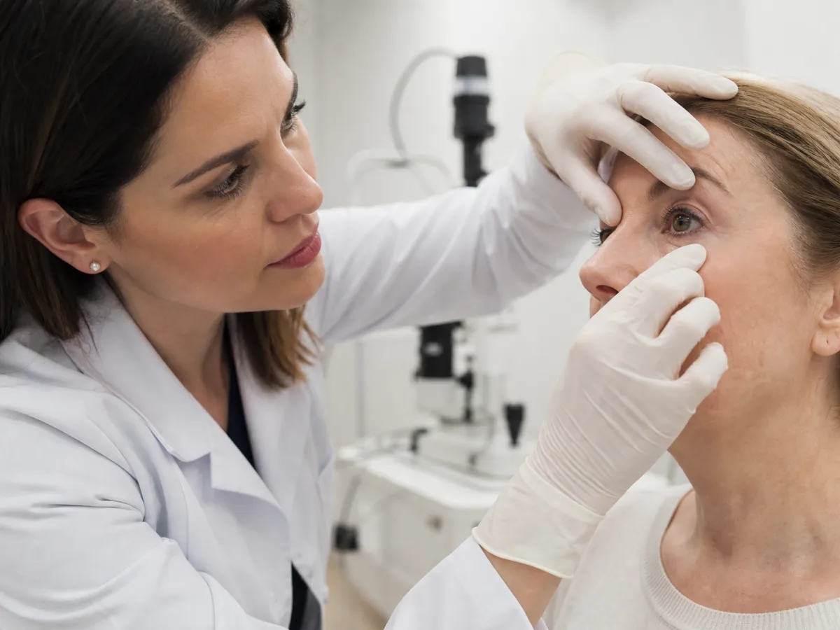 A clinician examining a patient’s eyelid and the tissues around the eye