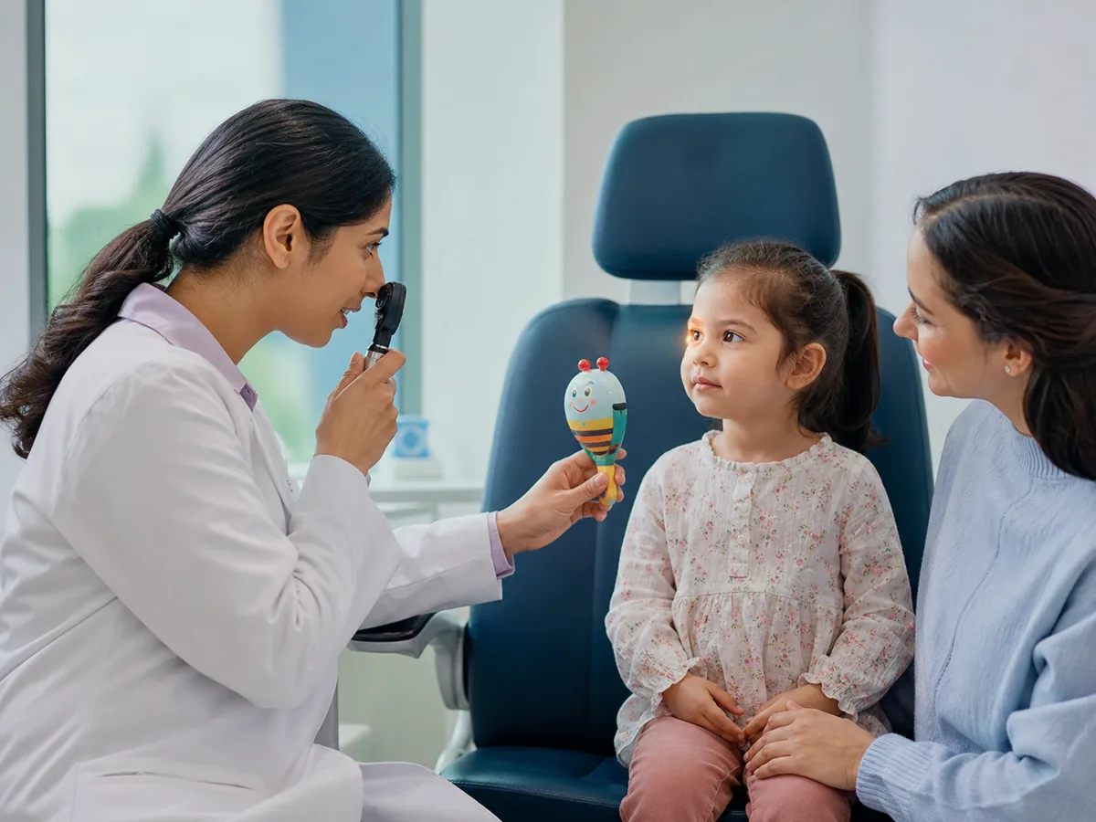 An ophthalmologist examining a young child’s eyes with a fixation toy