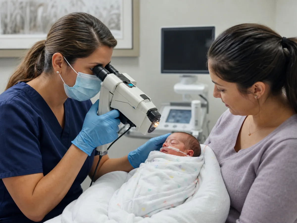 A clinician performing a retinal screening examination for a premature newborn