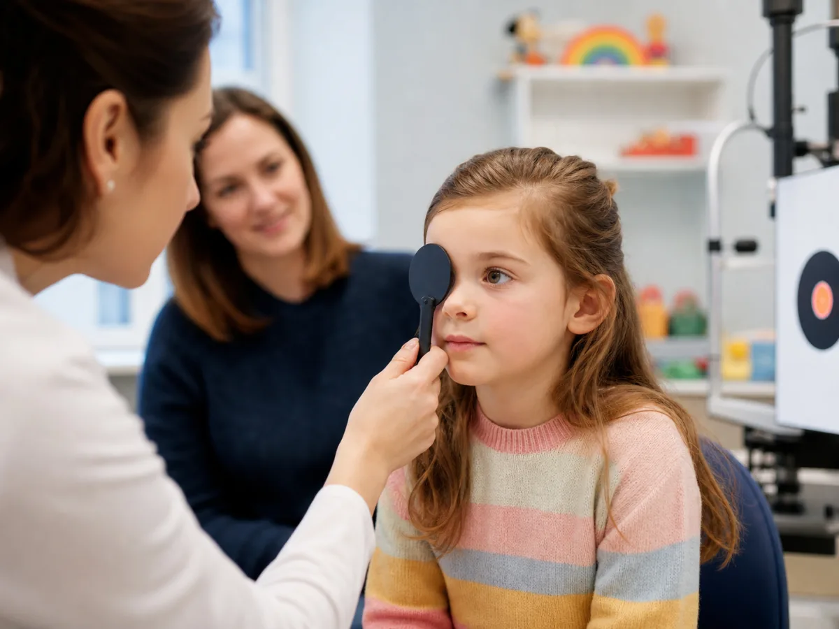 An orthoptist performing a cover test to assess a child’s eye alignment