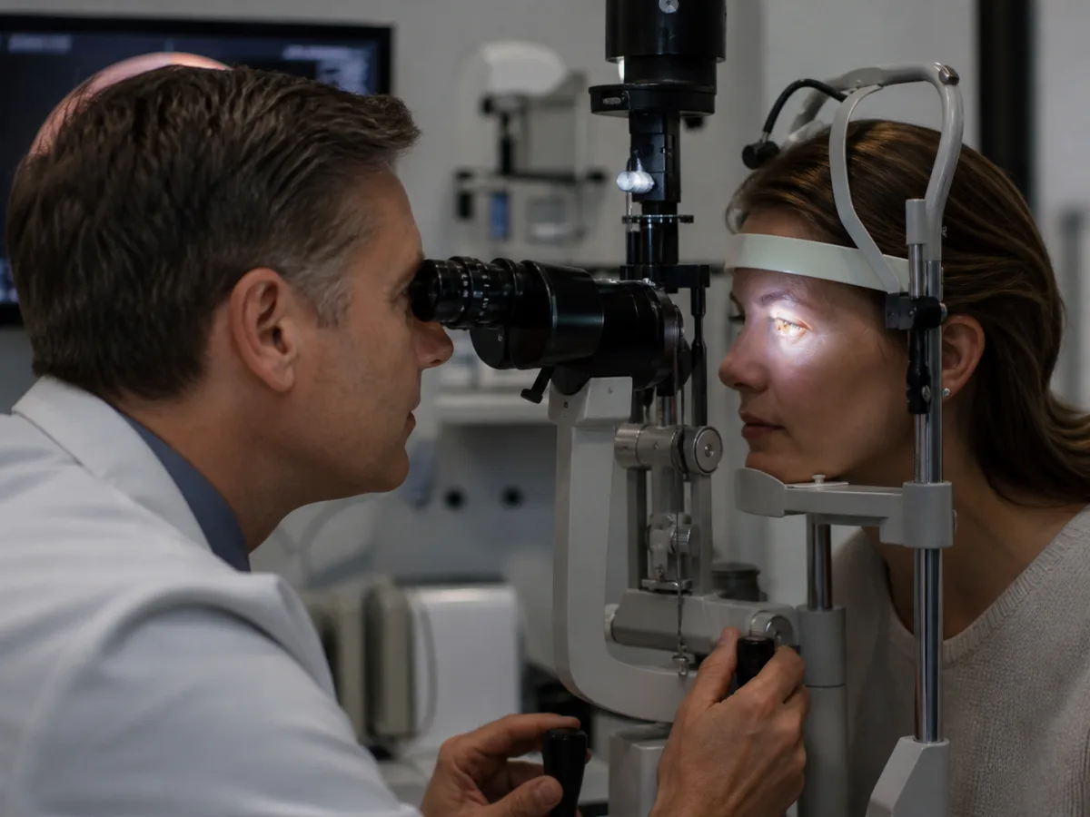 An ophthalmologist examining the front of the eye with a slit lamp